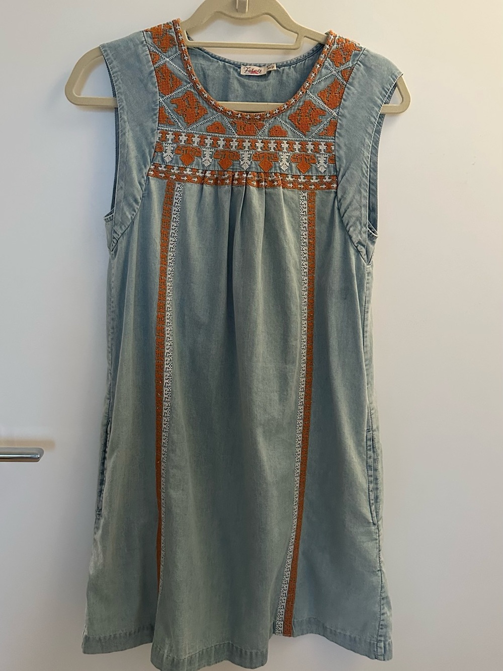 Faherty Light Blue Mini Dress with Orange Embroidered Yoke